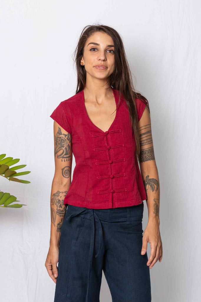 Kashi Chinese Button Cotton Blouse Red
