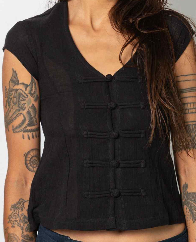 Kashi Chinese Button Cotton Blouse Black