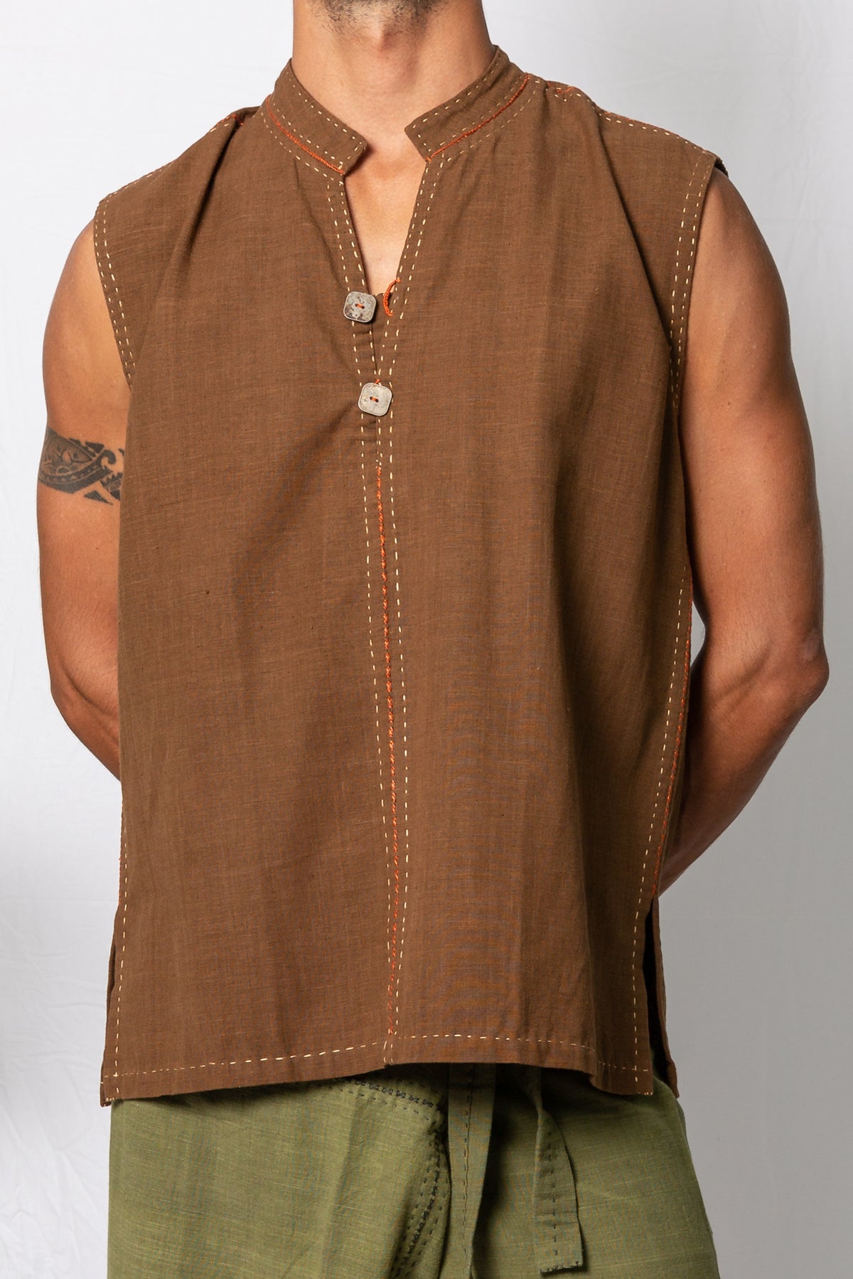 Bhakti Hand Stitched Sleeveless Shirt Brown– kashi.com.au