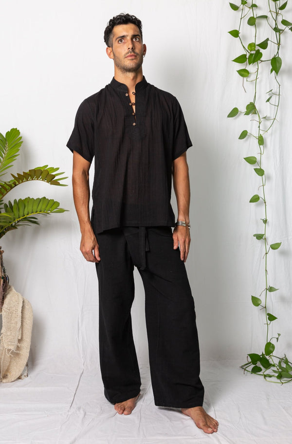 nehru collarr short sleeve cotton shirt black Kashi