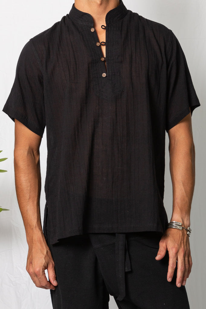nehru collar short sleeve cotton shirt black Kashi