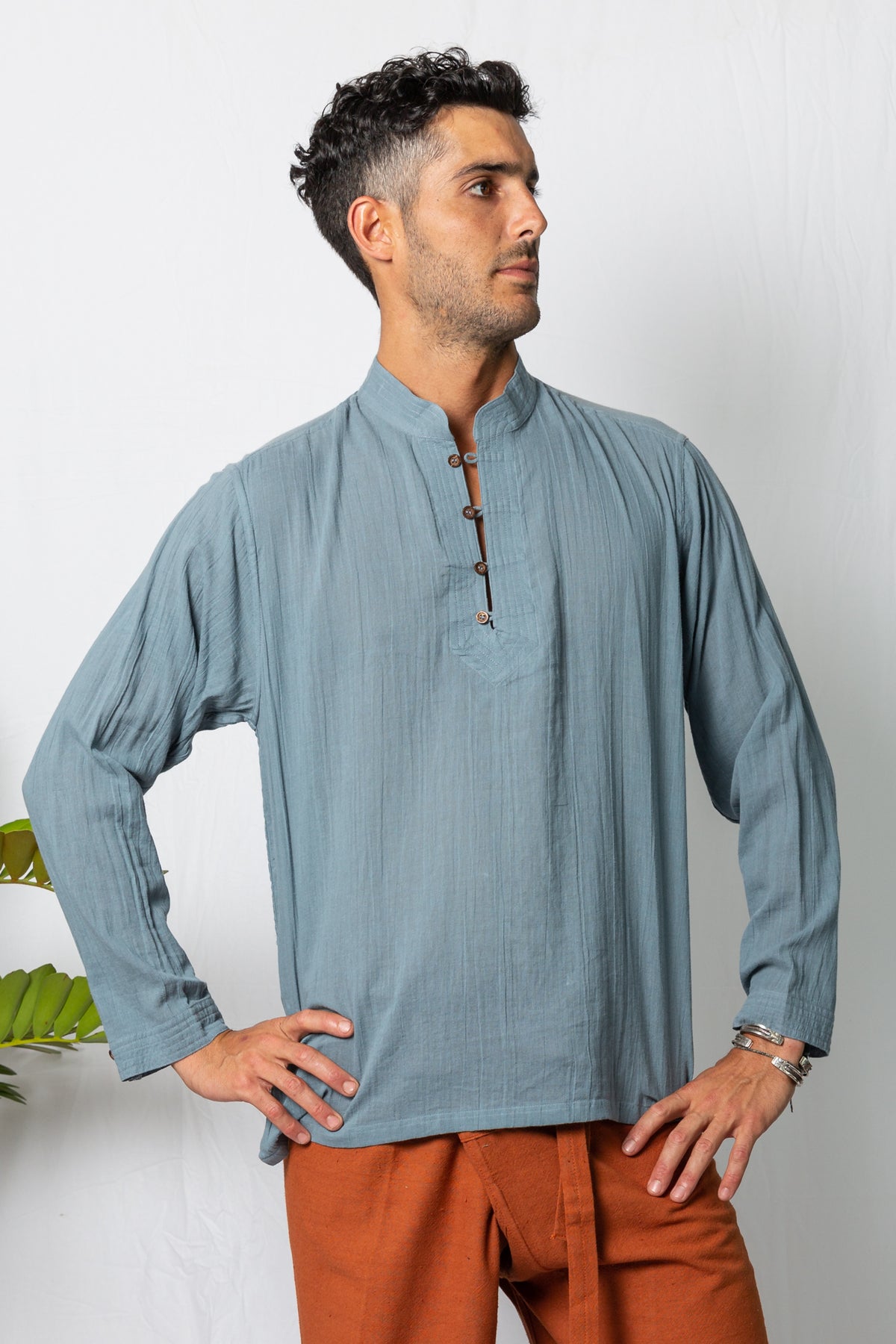 Nehru Collar Long Sleeve Shirt Steel Blue– kashi.com.au