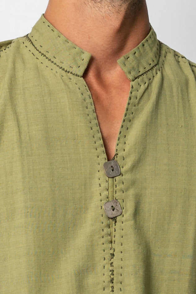 Bhakti Hand Stitched Hand Dyed Sleeveless Shirt Green