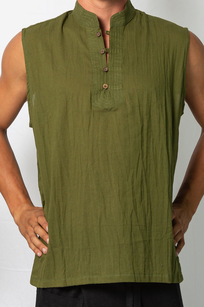 Nehru Collar Cotton Sleeveless Shirt Olive Green