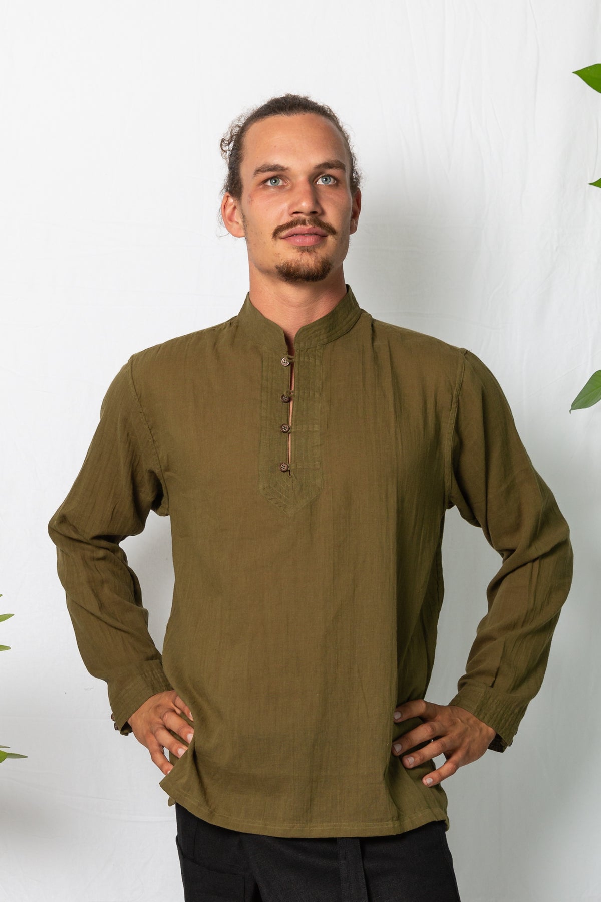 Nehru Collar Long Sleeve Shirt Olive– kashi.com.au