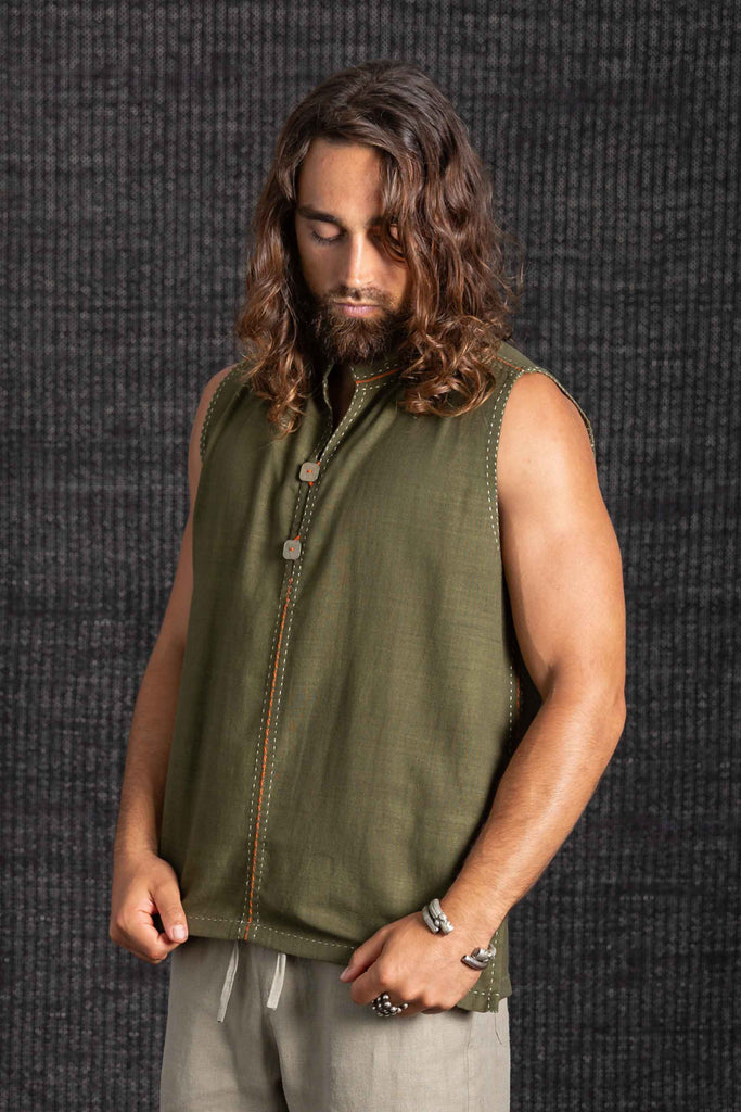 Bhakti Hand Stitched Sleeveless Shirt Olive